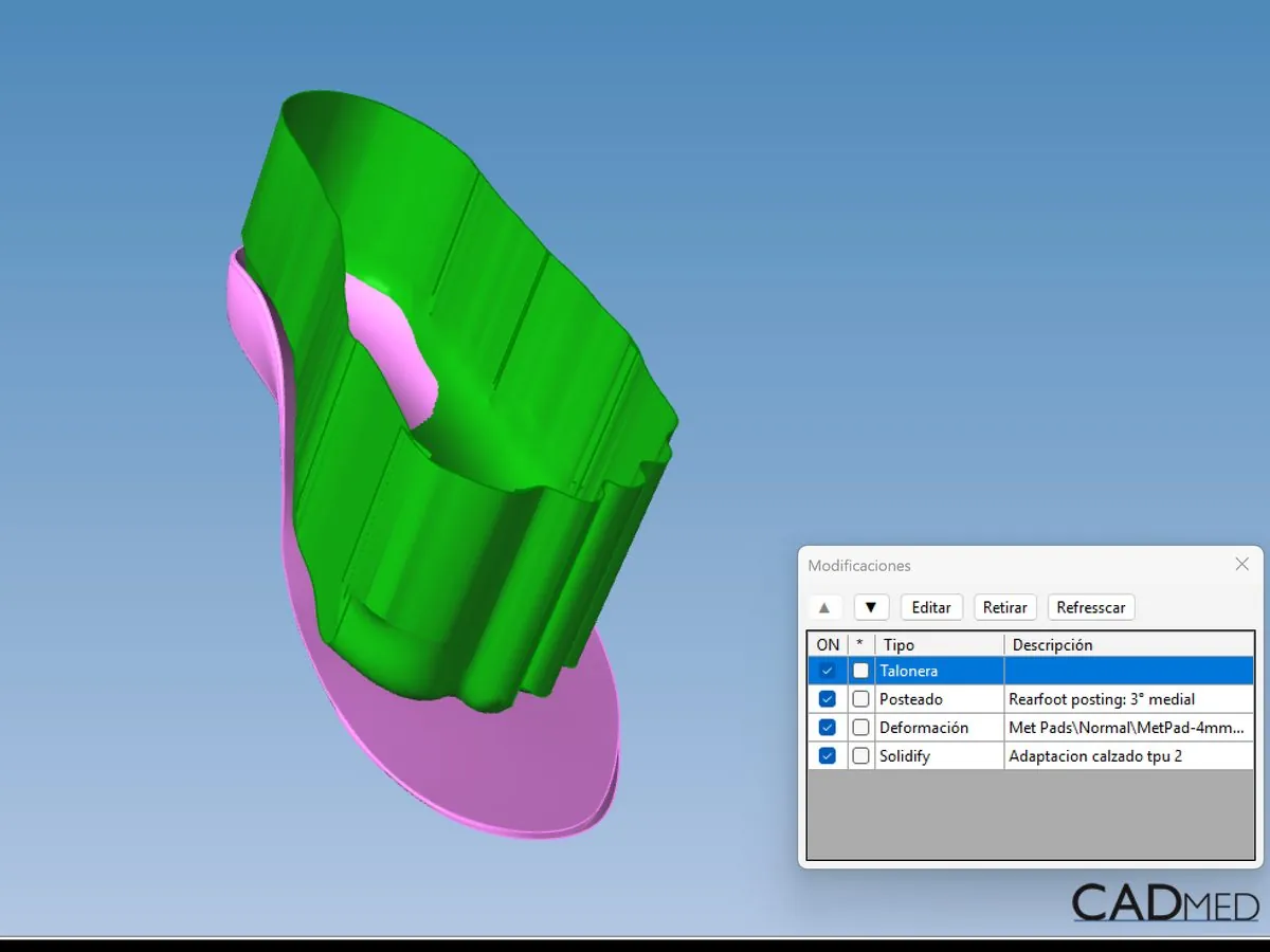 Software CadMEd: desenho de uma palmilha ortopédica 3D sobre a digitalização do pé, com posting de retropé e almofada metatarsal