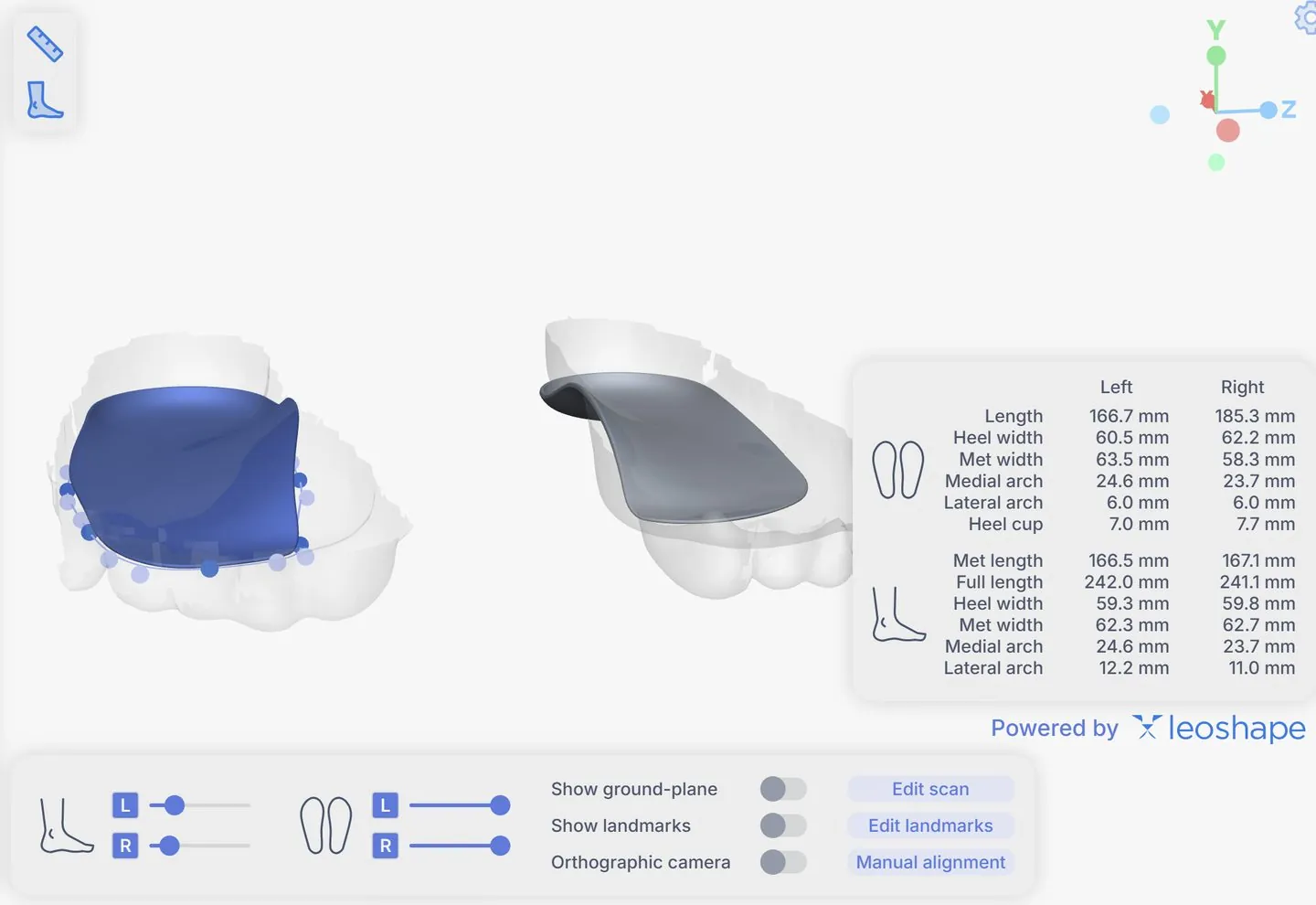 LeoShape LeoInsole: digitalização 3D de ambos os pés com a palmilha gerada e a tabela de medidas do pé